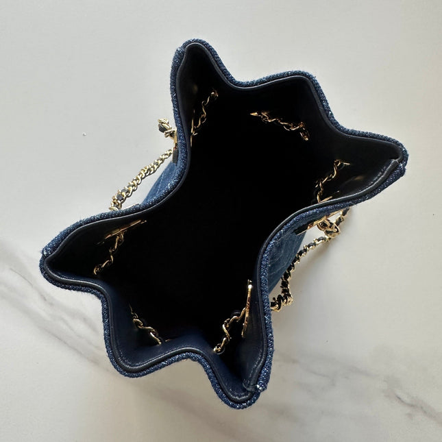 CHANEL 26S MINI BUCKET BAG 18 IN BLUE QUILTED DENIM GOLD HARDWARE