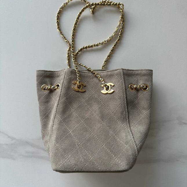 CHANEL 26S MINI BUCKET BAG 18 IN GREY QUILTED SUEDE GOLD HARDWARE