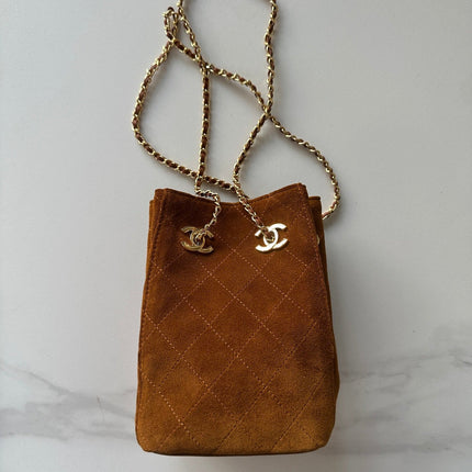 CHANEL 26S MINI BUCKET BAG 18 IN CARAMEL BROWN QUILTED SUEDE GOLD HARDWARE