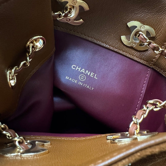 CHANEL 26S MINI BUCKET BAG 18 IN CARAMEL BROWN QUILTED SUEDE GOLD HARDWARE