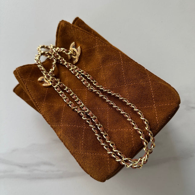 CHANEL 26S MINI BUCKET BAG 18 IN CARAMEL BROWN QUILTED SUEDE GOLD HARDWARE