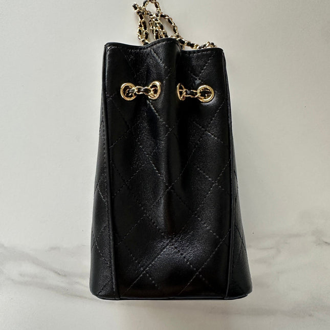 CHANEL 26S MINI BUCKET BAG 18 IN BLACK PATENT QUILTED CALFSKIN GOLD HARDWARE