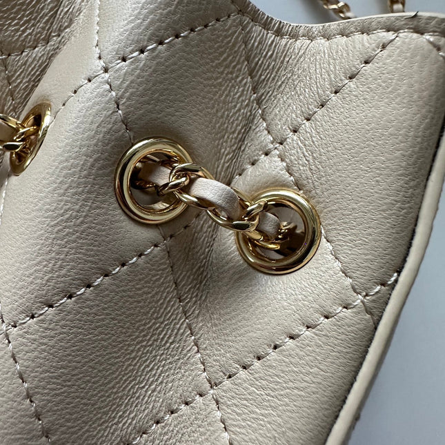 CHANEL 26S MINI BUCKET BAG 18 IN BEIGE QUILTED CALFSKIN GOLD HARDWARE