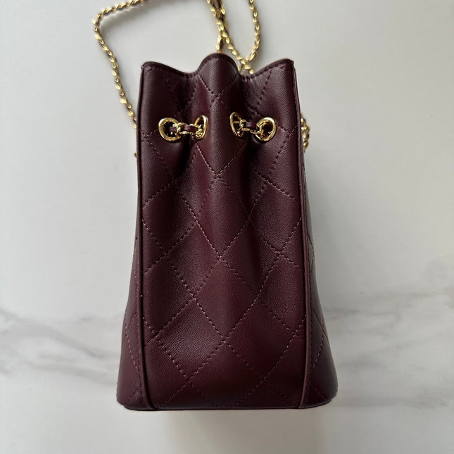CHANEL 26S MINI BUCKET BAG 18 IN BURGUNDY RED QUILTED CALFSKIN GOLD HARDWARE