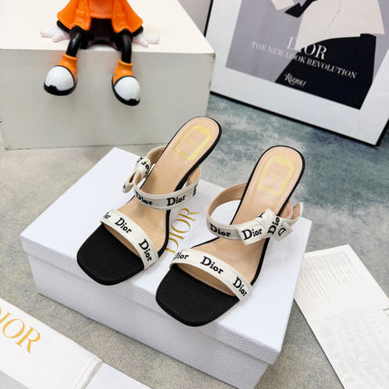 DIOR 26S HEELED SANDAL 95MM IN BLACK AND WHITE WITH J'ADIOR STRAPS CANVAS