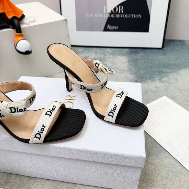 DIOR 26S HEELED SANDAL 95MM IN BLACK AND WHITE WITH J'ADIOR STRAPS CANVAS
