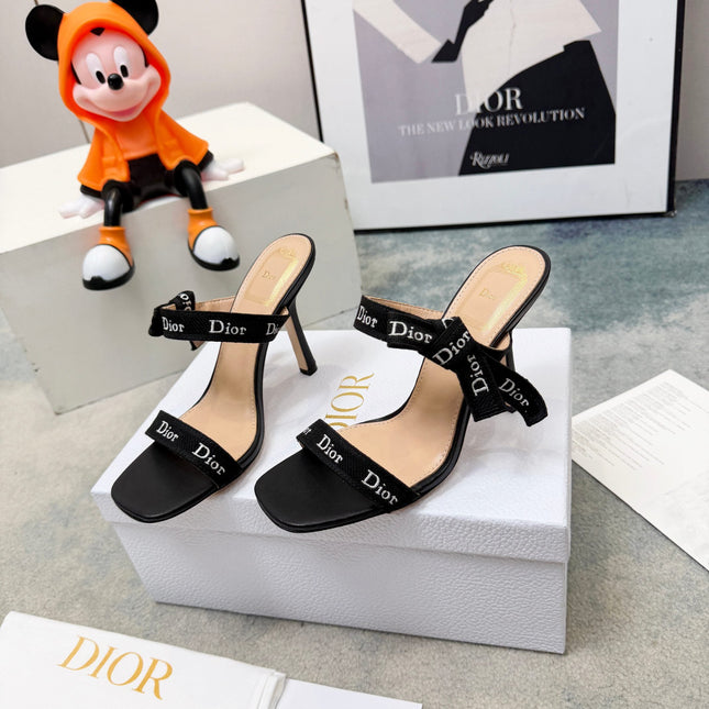 DIOR 26S HEELED SANDAL 95MM IN BLACK CALFSKIN WITH J'ADIOR STRAPS CANVAS