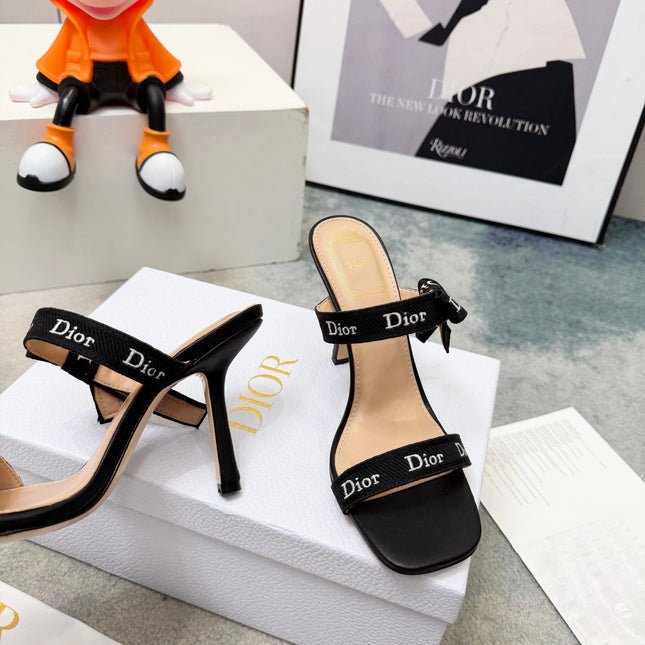 DIOR 26S HEELED SANDAL 95MM IN BLACK CALFSKIN WITH J'ADIOR STRAPS CANVAS