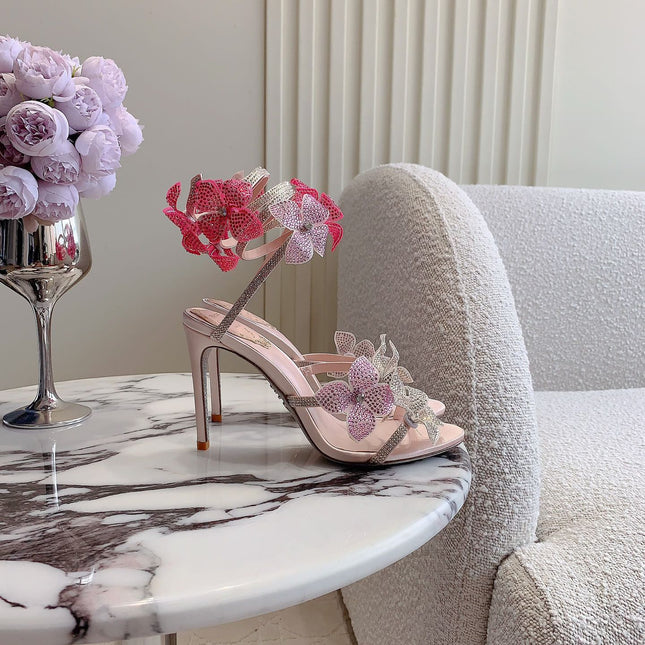 FLORIANE LIGHT PINK SANDAL 95 MM WITH COLORFUL FLOWER