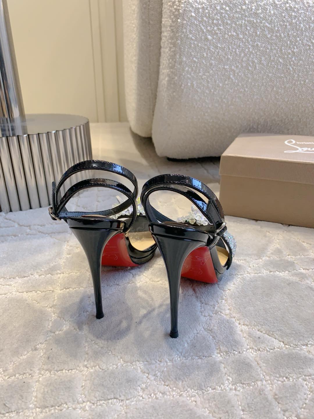 CRYSTAL QUEEN SANDAL 100MM IN BLACK CALFSKIN EMBELLISHED CRYTAL