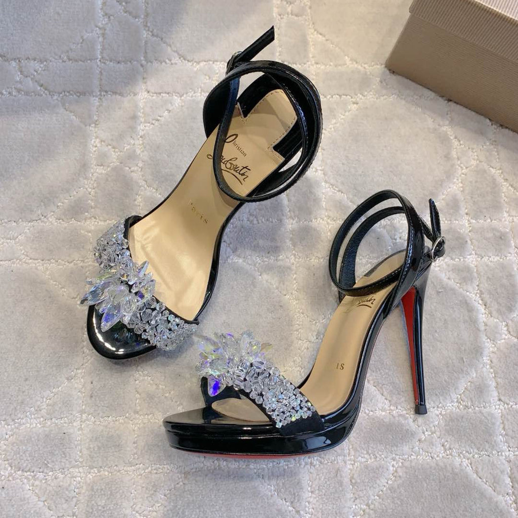 CRYSTAL QUEEN SANDAL 100MM IN BLACK CALFSKIN EMBELLISHED CRYTAL