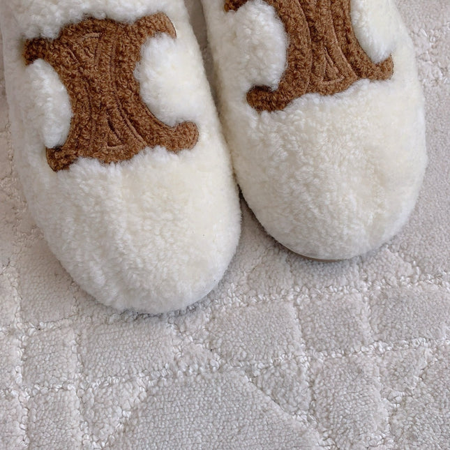 CELINE 26S MULES WITH LOGO IN WHITE AND BROWN WOOL