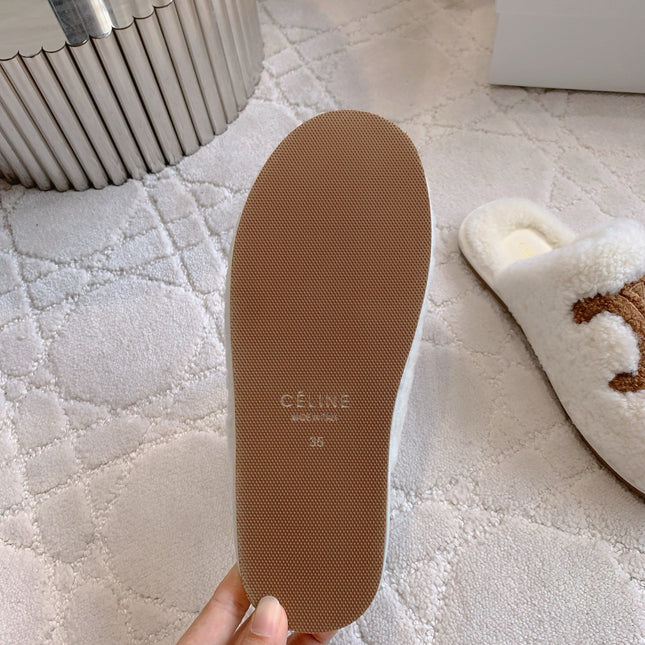 CELINE 26S MULES WITH LOGO IN WHITE AND BROWN WOOL