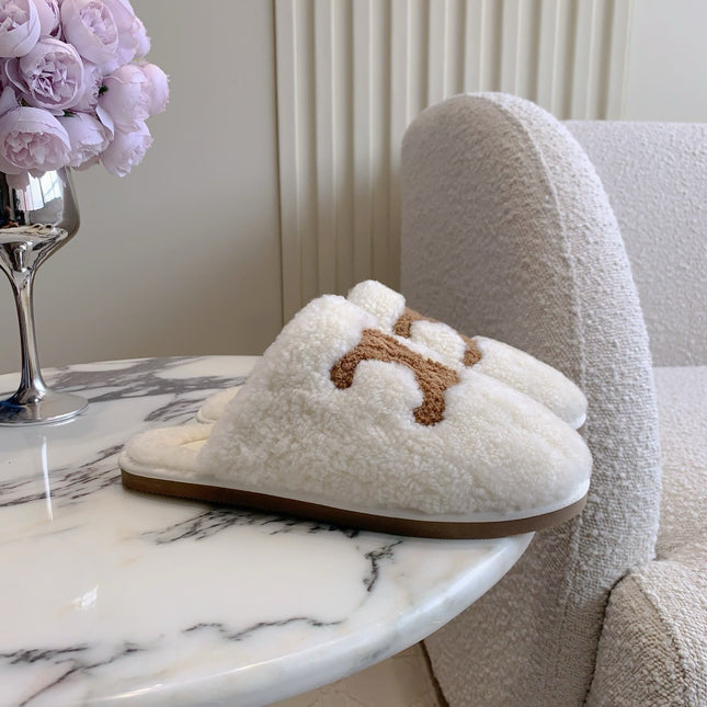CELINE 26S MULES WITH LOGO IN WHITE AND BROWN WOOL