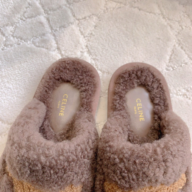 CELINE 26S MULES WITH LOGO IN DARK BROWN WOOL