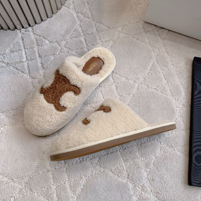 CELINE 26S MULES WITH LOGO IN LIGHT BEIGE AND BROWN WOOL