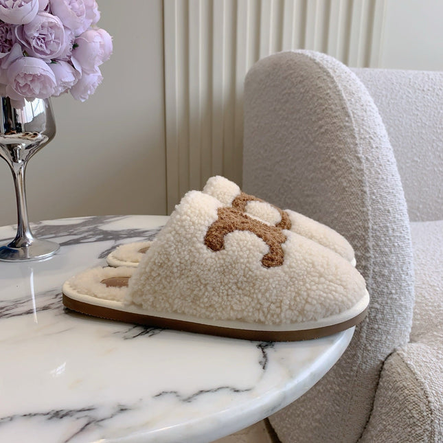 CELINE 26S MULES WITH LOGO IN LIGHT BEIGE AND BROWN WOOL
