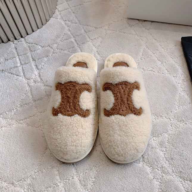 CELINE 26S MULES WITH LOGO IN LIGHT BEIGE AND BROWN WOOL