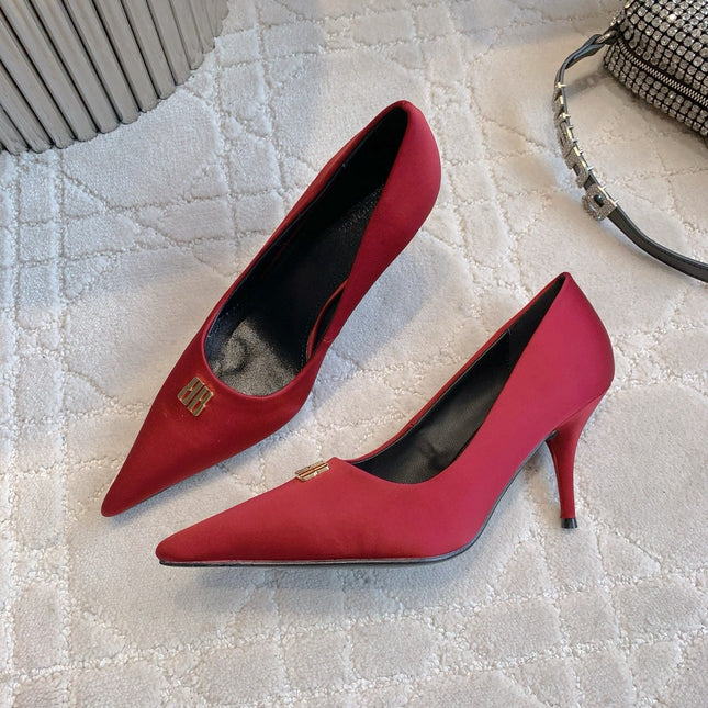 BALENCIAGA 25S POINTED-TOE HIGH HEELS 70 MM IN RED SATIN WITH GOLD HARDWARE