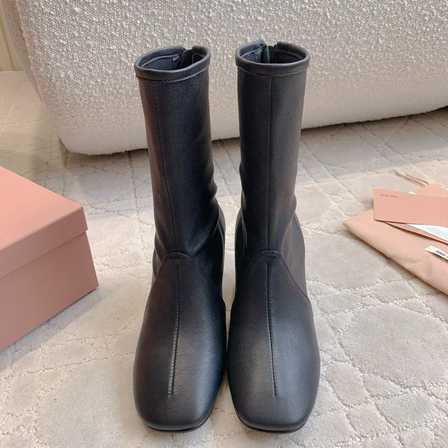 MIUMIU 26S HIGH-HEELED ANKLE BOOTS 70MM IN BLACK CALFSKIN