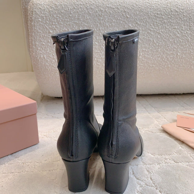 MIUMIU 26S HIGH-HEELED ANKLE BOOTS 70MM IN BLACK CALFSKIN