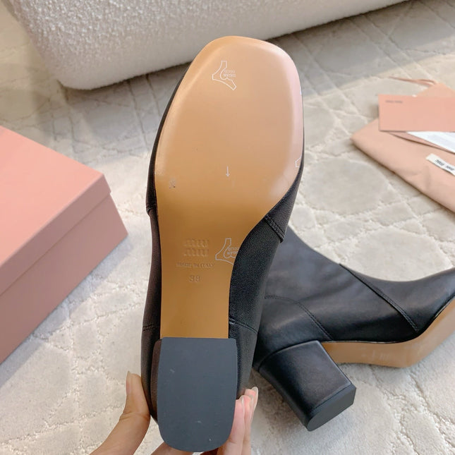 MIUMIU 26S HIGH-HEELED ANKLE BOOTS 70MM IN BLACK CALFSKIN