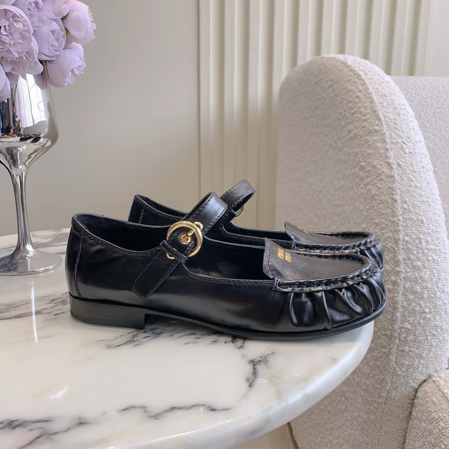 MIUMIU 26S LOAFERS IN BLACK CALFSKIN WITH STRAP