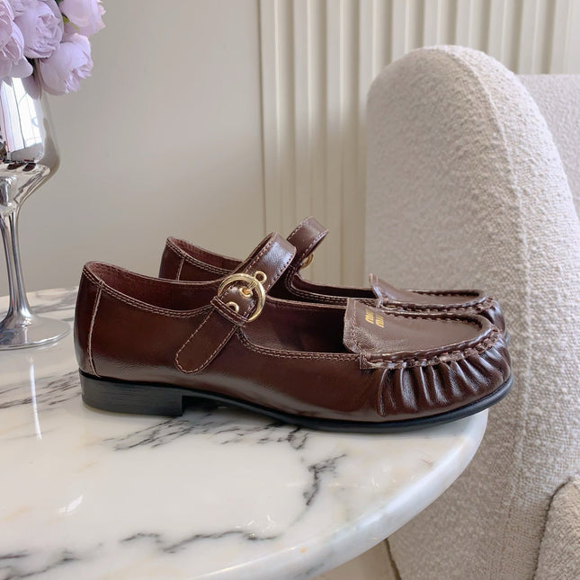 MIUMIU 26S LOAFERS IN BROWN CALFSKIN WITH STRAP