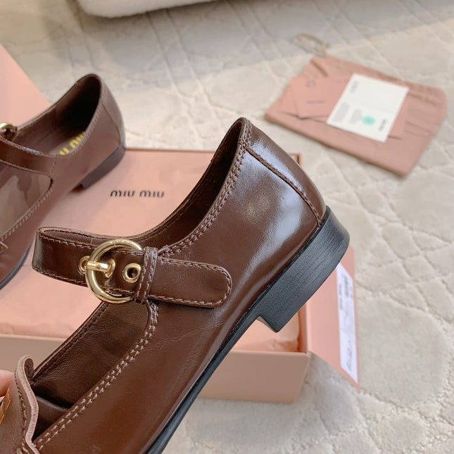 MIUMIU 26S LOAFERS IN BROWN CALFSKIN WITH STRAP