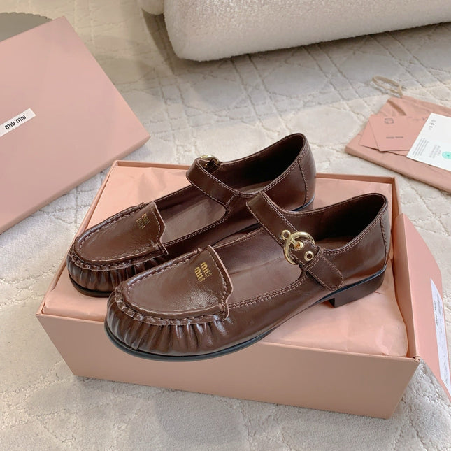 MIUMIU 26S LOAFERS IN BROWN CALFSKIN WITH STRAP