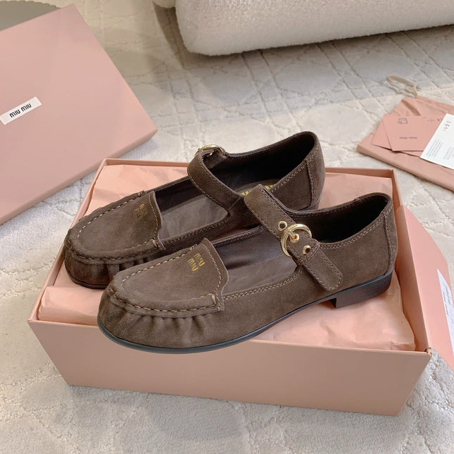 MIUMIU 26S LOAFERS IN BROWN SUEDE WITH STRAP