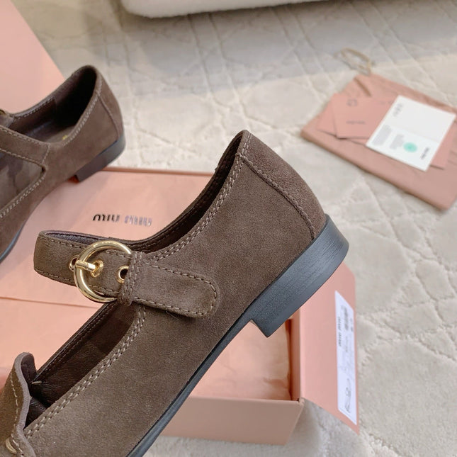 MIUMIU 26S LOAFERS IN BROWN SUEDE WITH STRAP