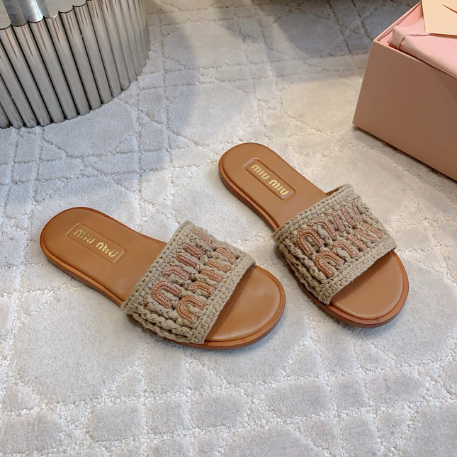 MIUMIU 26S SLIDE SANDALS IN LIGHT BROWN CALFSKIN AND WOOL