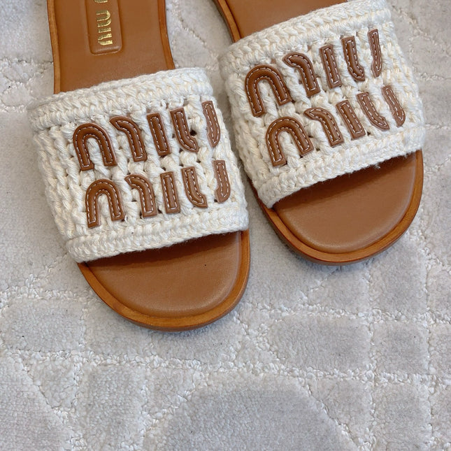 MIUMIU 26S SLIDE SANDALS IN WHITE CALFSKIN AND WOOL