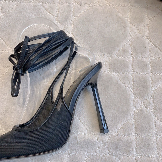 YSL 26S ANKLE-WRAP HEELED SLINGBACKS 90 MM IN BLACK MESH FABRIC