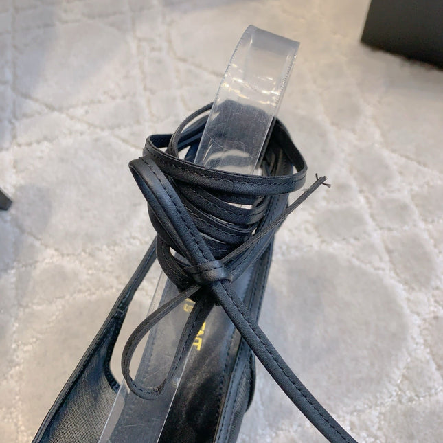 YSL 26S ANKLE-WRAP HEELED SLINGBACKS 90 MM IN BLACK MESH FABRIC