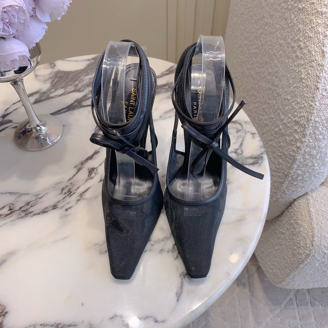 YSL 26S ANKLE-WRAP HEELED SLINGBACKS 90 MM IN BLACK MESH FABRIC