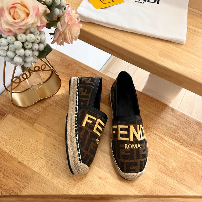 FENDI 26S ESPADRILLE LOAFERS IN DARK BROWN AND BLACK CANVAS STYLE 2
