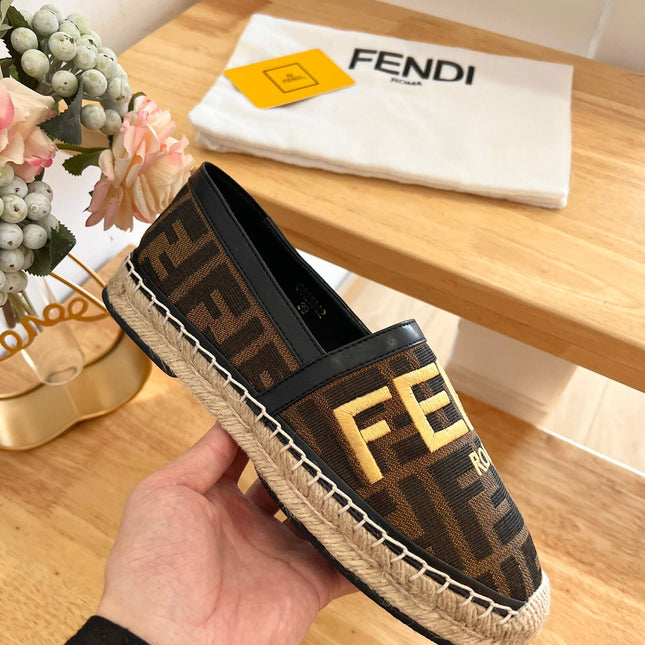 FENDI 26S ESPADRILLE LOAFERS IN DARK BROWN AND BLACK CANVAS STYLE 2