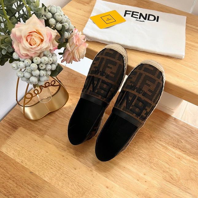 FENDI 26S ESPADRILLE LOAFERS IN DARK BROWN AND BLACK CANVAS STYLE 1