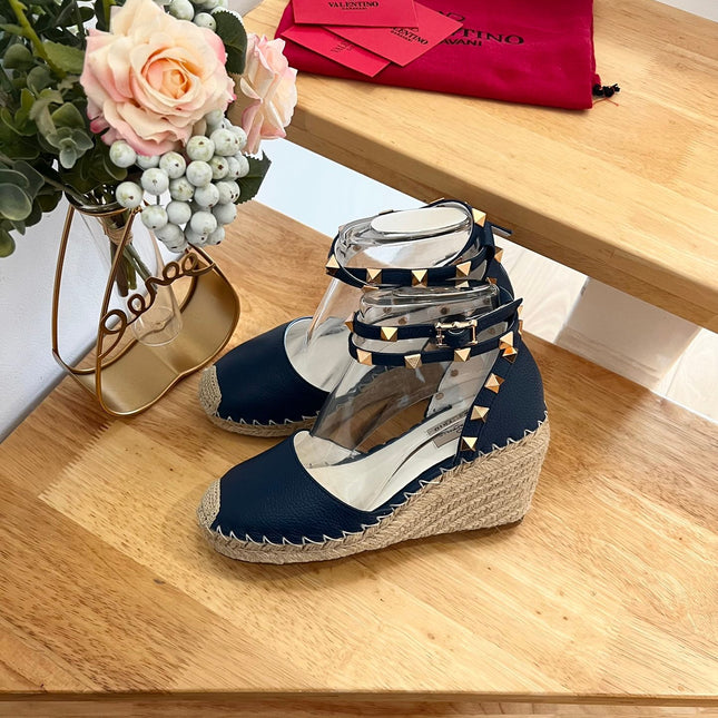 VALENTINO 26S WEDGE SHOES IN DARK BLUE CALFSKIN
