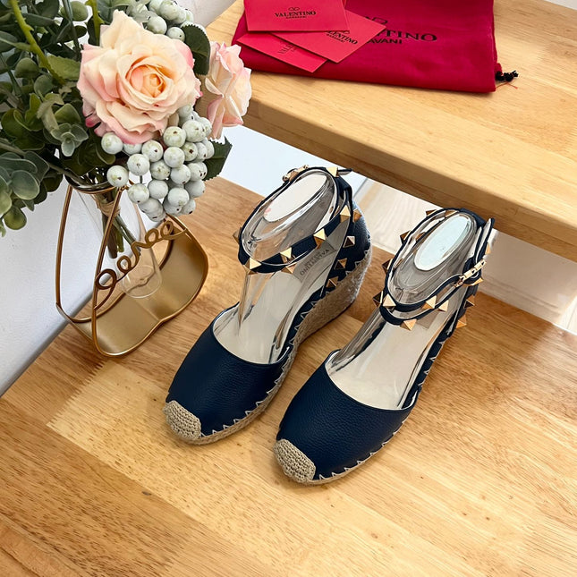 VALENTINO 26S WEDGE SHOES IN DARK BLUE CALFSKIN