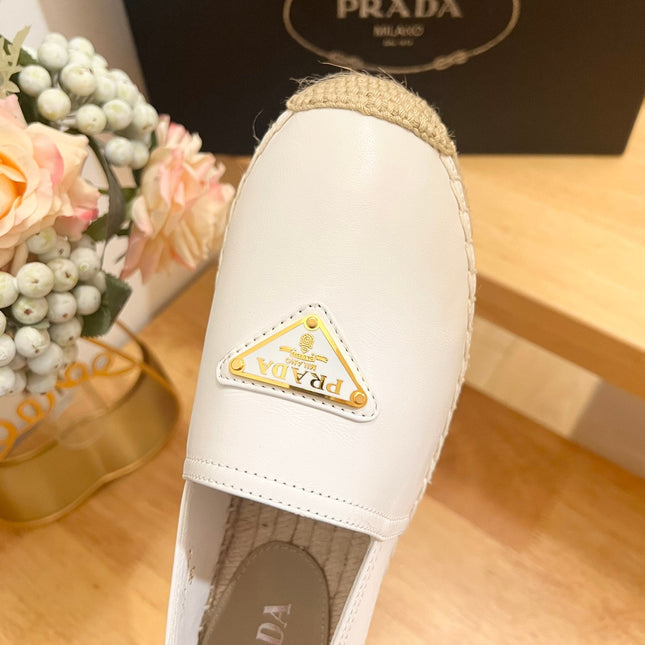 PRADA 26S LOGO ESPADRILLE SLIP ON FLATS IN WHITE CALFSKIN
