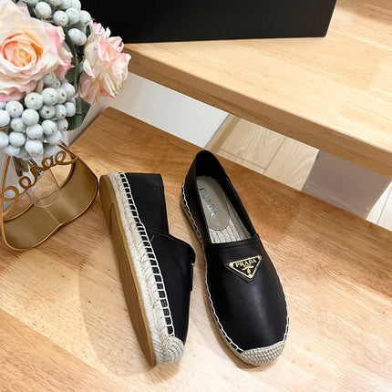 PRADA 26S LOGO ESPADRILLE SLIP ON FLATS IN BLACK CALFSKIN