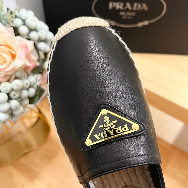 PRADA 26S LOGO ESPADRILLE SLIP ON FLATS IN BLACK CALFSKIN