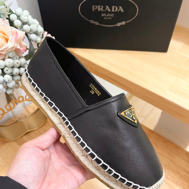PRADA 26S LOGO ESPADRILLE SLIP ON FLATS IN BLACK CALFSKIN