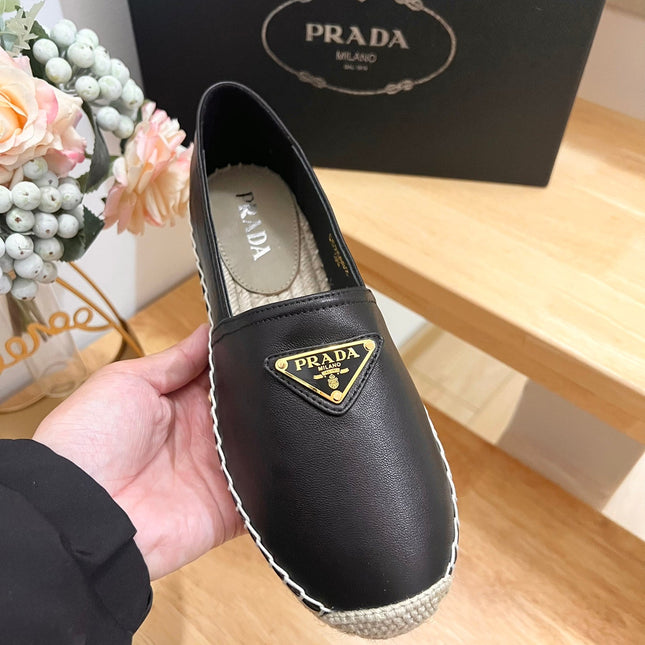 PRADA 26S LOGO ESPADRILLE SLIP ON FLATS IN BLACK CALFSKIN