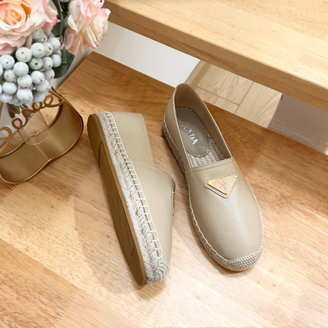 PRADA 26S LOGO ESPADRILLE SLIP ON FLATS IN DARK BEIGE CALFSKIN