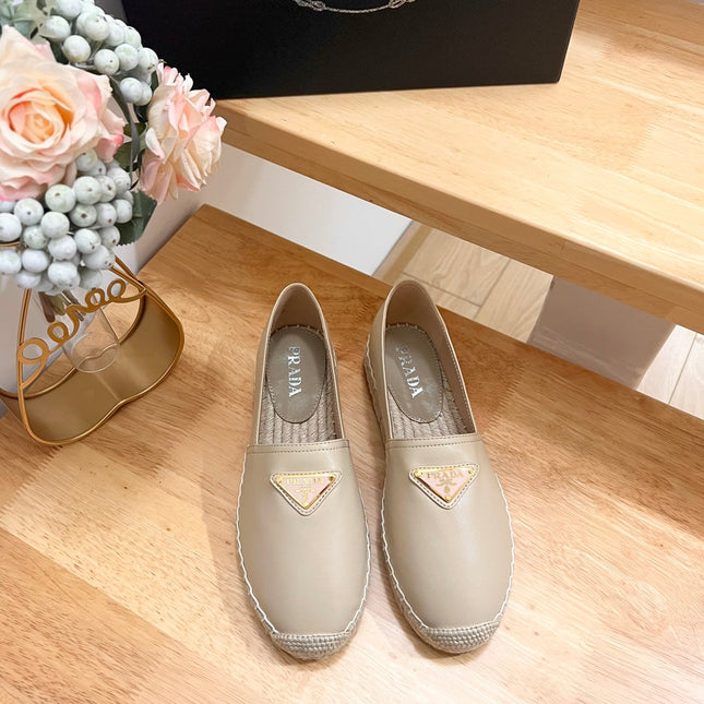 PRADA 26S LOGO ESPADRILLE SLIP ON FLATS IN DARK BEIGE CALFSKIN