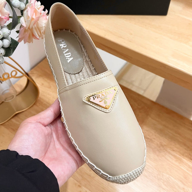PRADA 26S LOGO ESPADRILLE SLIP ON FLATS IN DARK BEIGE CALFSKIN